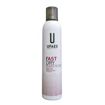 Botella aerosol blanca con tapa gris translúcida y etiqueta que indica Fast Dry secante de uñas, diseñada para acelerar el secado del esmalte y pensada para uso profesional en salones y 'peluquería'.