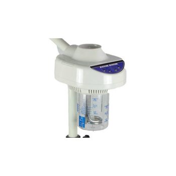 Vaporizador facial blanco con brazo articulado, panel de control azul y depósito transparente con marcas, diseñado para tratamientos profesionales en salón de belleza y con estado verificado.