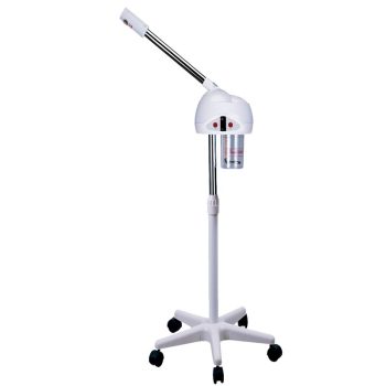 Vaporizador facial blanco con brazo ajustable y depósito transparente montado sobre soporte móvil de cinco ruedas, ideal para tratamientos faciales en salón de belleza.