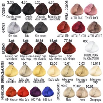 Carta visual de tonos de tintes para cabello en ovillos que muestra gamas de castaños con matices violetas, grises, colores metalizados rosa y fucsia, rojos intensos, un potenciador de aclaración blanco, variedades de rubios muy claros y dorados, intensificadores cobre/rojo/viola/azul y tonos especiales para mechas como plata, nácar y champagne, presentada de forma clara y de alta calidad con una paleta potente.