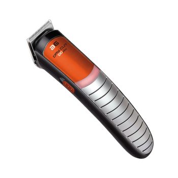 Recortadora eléctrica ergonómica en negro, plateado y naranja con cuchilla metálica visible y botón lateral, diseño compacto y de precisión ideal para uso profesional en peluquería y recomendada para peluquerías que buscan herramientas fiables.