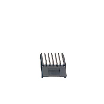 Pequeño accesorio guía para cortapelos de plástico negro con seis púas y enganches inferiores sobre fondo blanco, fotografiado en alta calidad y con un toque sutil de promoción.