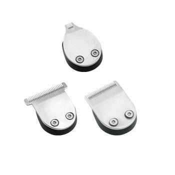 Conjunto de tres cuchillas de repuesto para recortadora en acero inoxidable con bases negras, diferentes anchuras para recortes precisos y acabado de alta calidad.