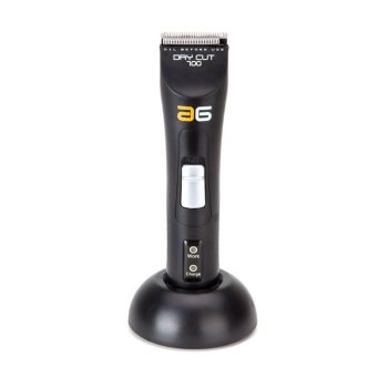 Cortapelos recargable negro con base de carga, compacto y diseñado para uso profesional.