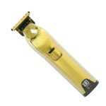Cortapelos inalámbrico dorado con hoja en T, cuerpo texturizado y pantalla digital de batería, ideal para uso profesional.