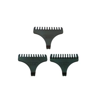 Tres peines guía negros para cortapelos marcados 2 mm, 3 mm y 4 mm dispuestos en triángulo, de plástico resistente y alta calidad, ideales para corte uniforme y venta en accesorios de barbería.