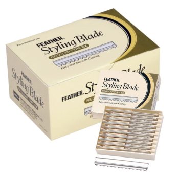 Juego de hojas metálicas onduladas para estilismo presentadas en una bandeja con caja beige impresa que muestra múltiples cuchillas alineadas y presentación de alta calidad.
