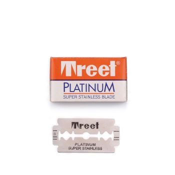 Caja naranja y blanca de hojas de afeitar Treet con una cuchilla doble filo plateada marcada PLATINUM SUPER STAINLESS, imagen nítida de alta calidad ideal para destacar en una oferta.