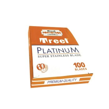 Caja rectangular naranja y blanca de hojas de afeitar de acero inoxidable con empaque de aspecto premium y presentación profesional.
