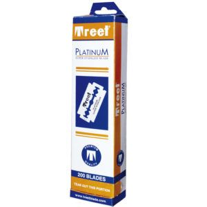 El arte del degradado masculino: Herramientas esenciales: clippers, trimmers, navajas, cuchillas y tijeras 6 Caja alta y estrecha de cartón en blanco, azul y naranja que muestra la ilustración de una hoja de afeitar de doble filo y el texto "Platinum", pensada para peluquería.