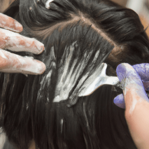 Manos con guantes aplican decolorante con brocha en la raíz de cabello oscuro durante un tratamiento en una peluquería de estilo moderno.