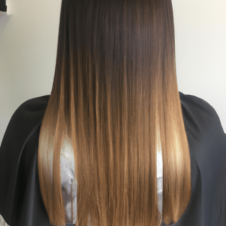 Cabello largo y liso visto desde la nuca con tonos castaños que se aclaran hacia las puntas y una capa de peluquería negra, aspecto profesional.