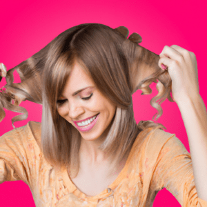 Mujer joven sonriente con cabello castaño claro hasta los hombros, sosteniendo y rizando mechones frente a un fondo rosa brillante y vistiendo una blusa color durazno, retrato con estética 'profesional'.