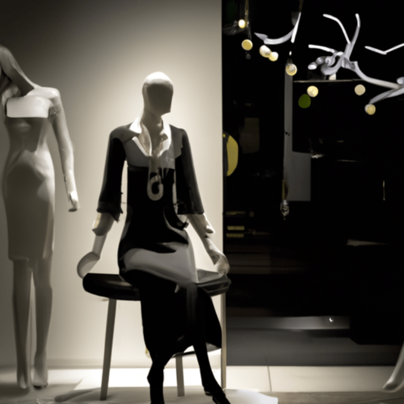 Maniquí sentado en una silla con traje monocromático junto a otro maniquí de pie en un escaparate minimalista e iluminado con elementos decorativos que evocan una peluquería.