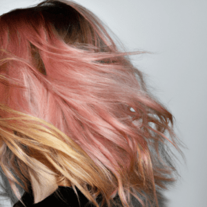 Cabello largo parcialmente cubriendo el rostro, teñido en tonos rosa pastel y rubio con movimiento dinámico y textura detallada sobre fondo neutro, imagen de alta calidad.