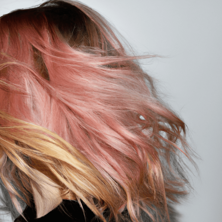 Cabello largo parcialmente cubriendo el rostro, teñido en tonos rosa pastel y rubio con movimiento dinámico y textura detallada sobre fondo neutro, imagen de alta calidad.