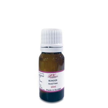 Botella pequeña de vidrio ámbar con tapón de seguridad blanco y etiqueta blanca con borde rosa que contiene un adhesivo libre de ácido, presentada para uso profesional, de alta calidad y con un acabado especial.