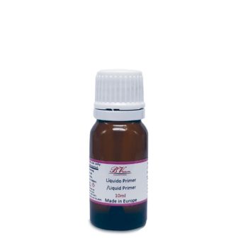 Frasco pequeño de vidrio ámbar con tapa blanca y etiqueta que indica líquido primer 10 ml, para uso profesional y presentado como oferta.