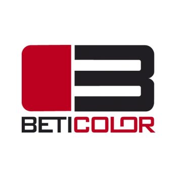 Logotipo minimalista con un bloque rojo y una B estilizada en negro sobre la palabra BETICOLOR en tipografía negra y roja, que transmite servicio profesional y garantizado.