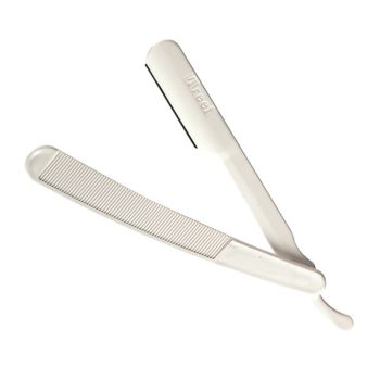 Navaja de afeitar plegable blanca con mango estriado y hoja expuesta para perfilado y recorte preciso, alta calidad y disponible online.