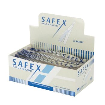 Caja expositora abierta con 25 rasuradoras desechables Safex envueltas individualmente, mango blanco con rayas azules, presentación limpia y profesional y precio barato para salones.