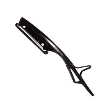Pinza larga negra para el cabello con diseño curvado, cierre de presión y dientes antideslizantes, alta calidad.