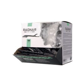 Caja dispensadora abierta con 100 maquinillas desechables negras de la marca RAGNAR, con ilustración de perfil masculino en la tapa y presentación moderna que transmite alta calidad.