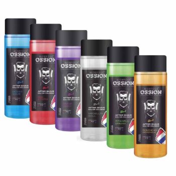 Seis botellas translúcidas de after shave en colores azul, rojo, morado, transparente, verde y naranja con tapas negras y etiquetas negras que muestran el logo de un hombre barbado, dispuestas en fila y presentadas de forma profesional.