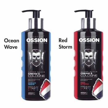 Dos botellas con dosificador de after shave cream & cologne de la línea Ossion de Morfose, una con detalles azules etiquetada Ocean Wave y otra con detalles rojos etiquetada Red Storm, ambas con etiqueta negra, ilustración de una calavera barbada y tipografía que indica uso profesional.