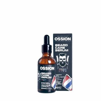 Botella ámbar con cuentagotas delante de su caja negra del sérum para barba OSSION con logo de barbero y franjas tricolor, presentada como producto de alta calidad para el distribuidor.