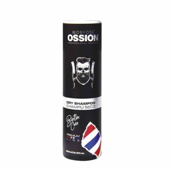 Lata cilíndrica negra de champú seco (dry shampoo) de 200 ml con diseño de calavera y navajas estilo barbería, rótulos "Biotin Care" y "Premium Barber Line" y texto que indica uso profesional.