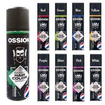 Sprays para color instantáneo de cabello de la marca Ossion con un bote grande verde esmeralda a la izquierda y ocho botes pequeños a la derecha en tonos rojo, verde, azul, amarillo, morado, plata, rosa y blanco, presentados como opción para cambios de look en peluquería rápida.