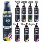 Conjunto de botes de mousse para coloración capilar semipermanente Ossion en envases negros con ilustración de calavera barbada y salpicaduras de color (morado, naranja, verde, azul, rojo, amarillo y magenta), con un envase destacado en amarillo que muestra la palabra profesional.