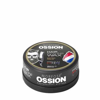 Envase circular negro de cera para peinar OSSION con tapa que muestra un cráneo con barba y navaja, textos visibles "HAIR STYLING WAX", "EXTRA HOLD", "PROFESSIONAL" y 150 ml, con estética de barbería en una edición limitada y aspecto profesional.