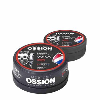 Dos envases negros redondos de cera para peinar con etiquetas que muestran un dibujo de calavera con navaja y una franja tricolor, texto que indica uso profesional y diseño pensado para looks profesionales.