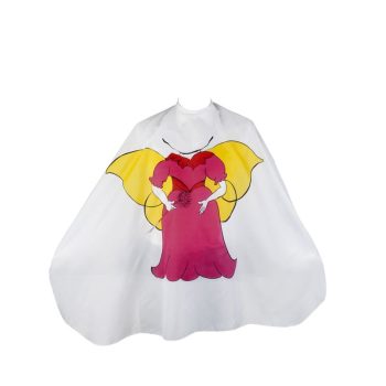 Capa de peluquería blanca con dibujo de princesa en vestido rosa y alas amarillas y abertura para el cuello, apta para uso profesional.