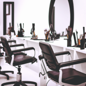 Interior de salón de belleza con sillas de peluquería alineadas frente a espejos y estaciones blancas equipadas con herramientas y productos para un servicio profesional.