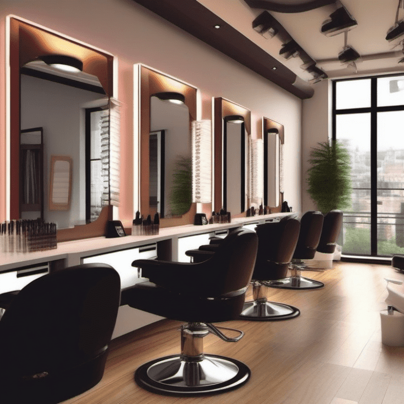 Interior moderno de una peluquería bien iluminada con sillas giratorias, espejos retroiluminados, estaciones de trabajo organizadas y grandes ventanales que ofrecen una vista urbana, útil para clientes que buscan un ambiente cómodo y profesional.