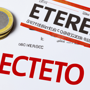 Primer plano de un documento impreso con grandes letras rojas y negras parcialmente visibles, líneas y marcas en rojo y una pila de monedas a la izquierda que crea contraste, transmitiendo alta calidad visual y alta legibilidad.
