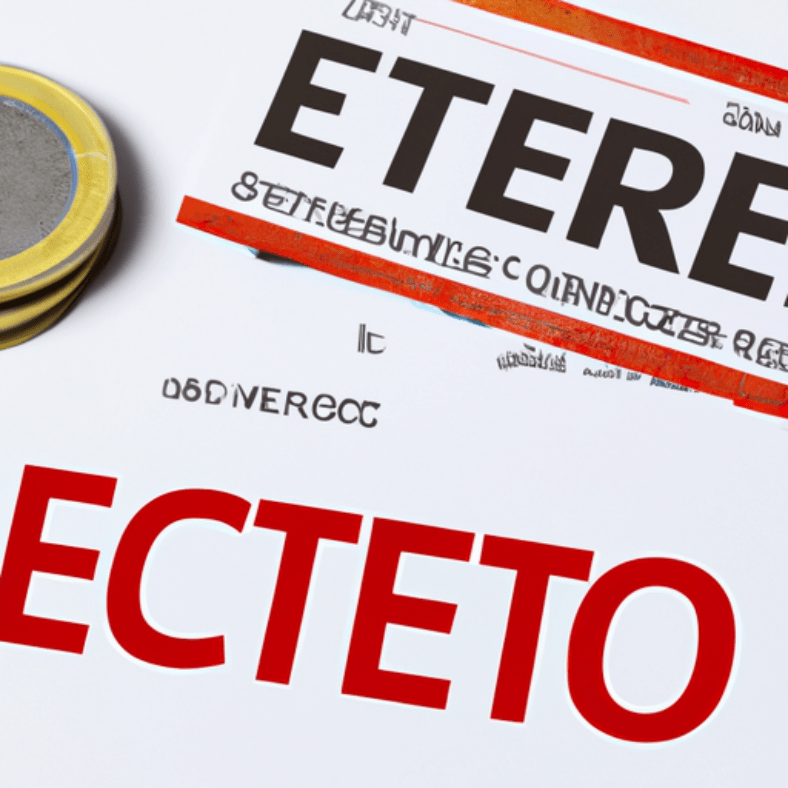 Primer plano de un documento impreso con grandes letras rojas y negras parcialmente visibles, líneas y marcas en rojo y una pila de monedas a la izquierda que crea contraste, transmitiendo alta calidad visual y alta legibilidad.